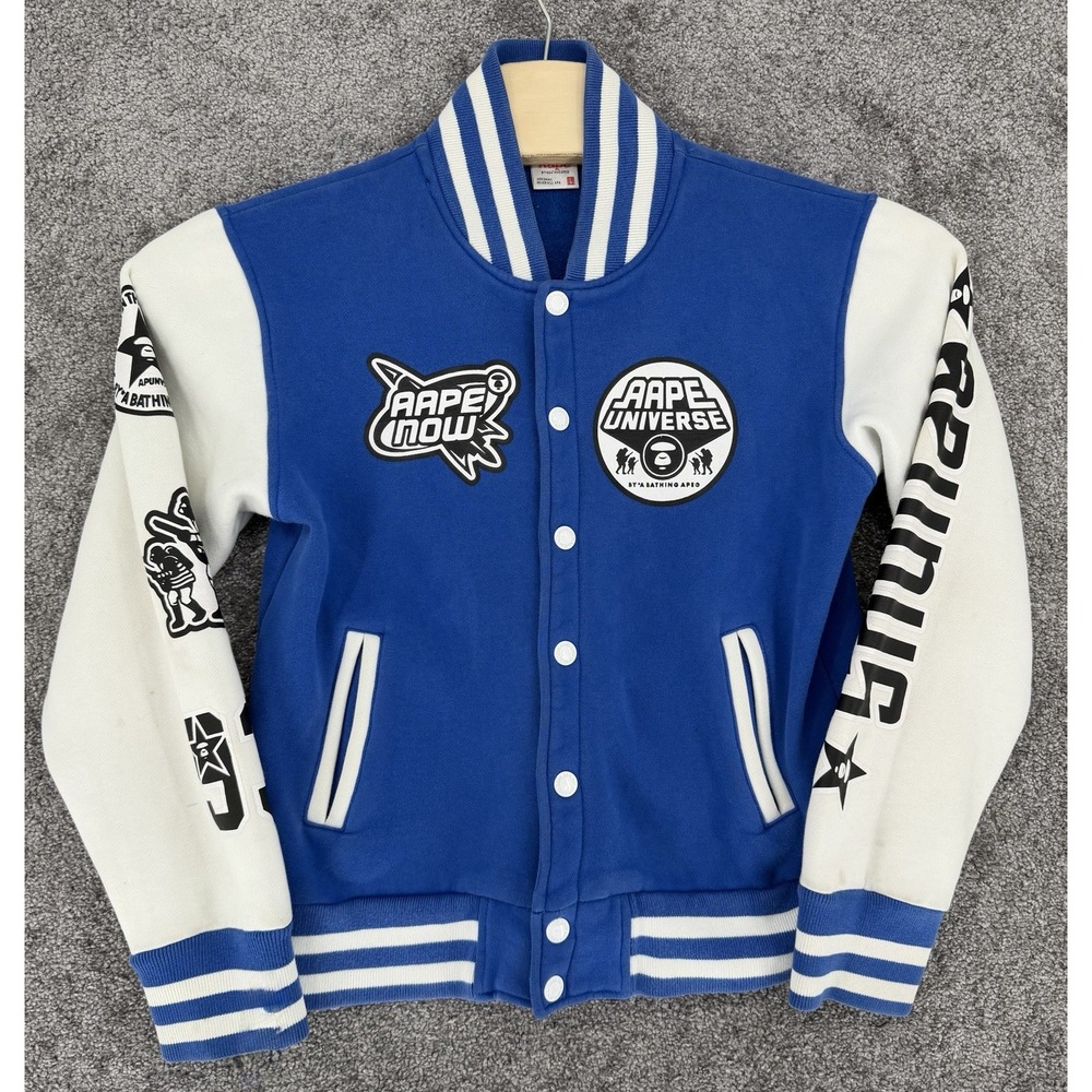AAPE By A Bathing Ape Varsity Jacket Blue White Logo Snap Front Large Streetwear
